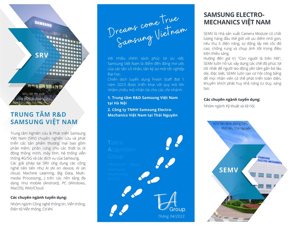 Hội thảo việc làm, hướng nghiệp của Công ty TNHH Samsung Electronics Việt Nam 2023 - Thứ 3 ngày 16/05/2023